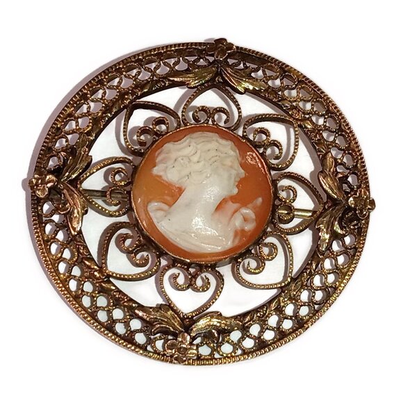 Romantic 1/20 12K Gold Filled Filigree Cameo Brooch - Picture 1 of 7